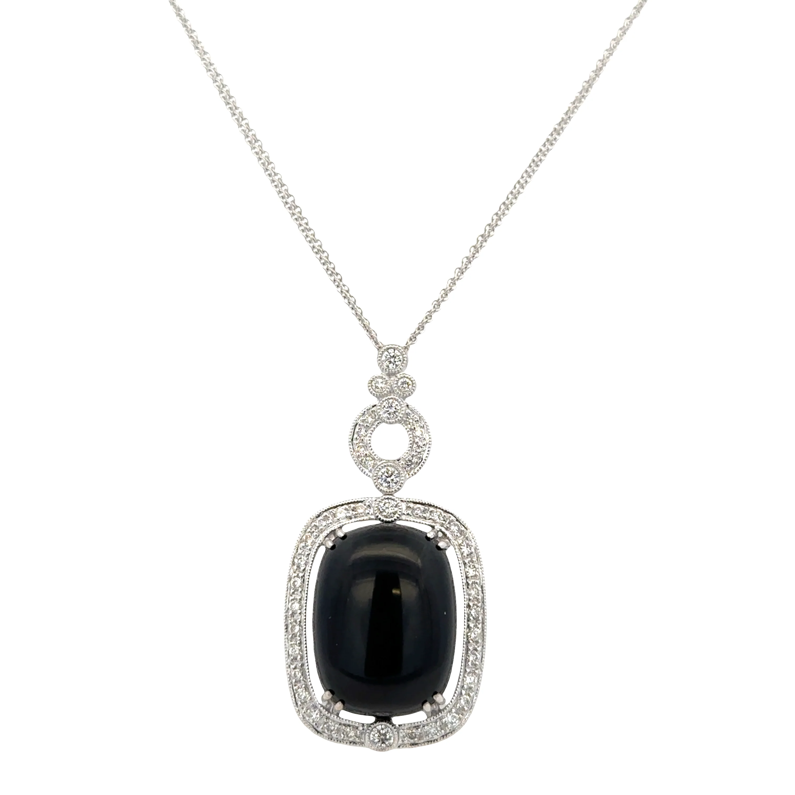 Vintage-Inspired 18k White Gold Black Onyx & Diamond Pendant Necklace - Image 3