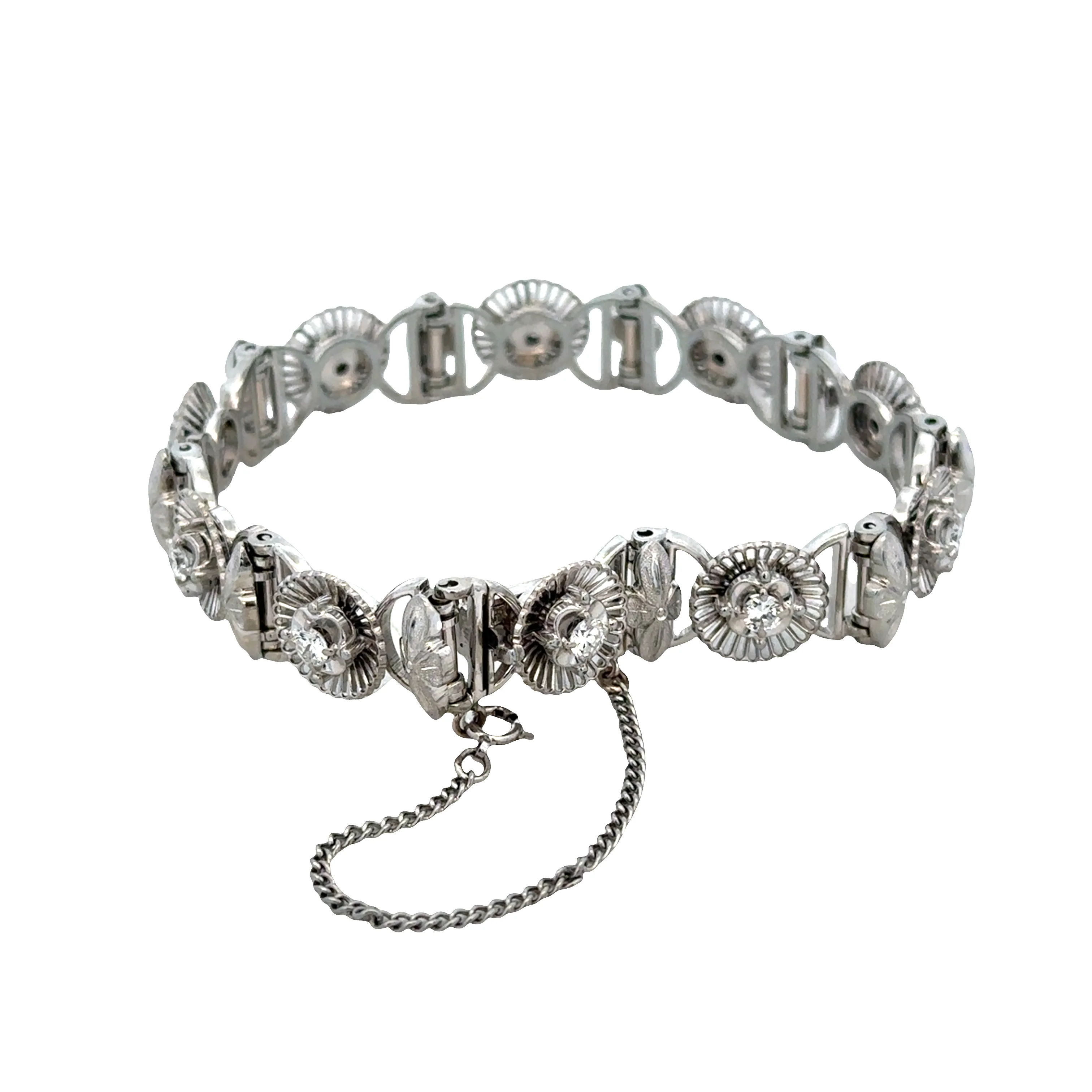 Vintage Jabel 18k White Gold Diamond Orange Blossom Bracelet – 7" - Image 2