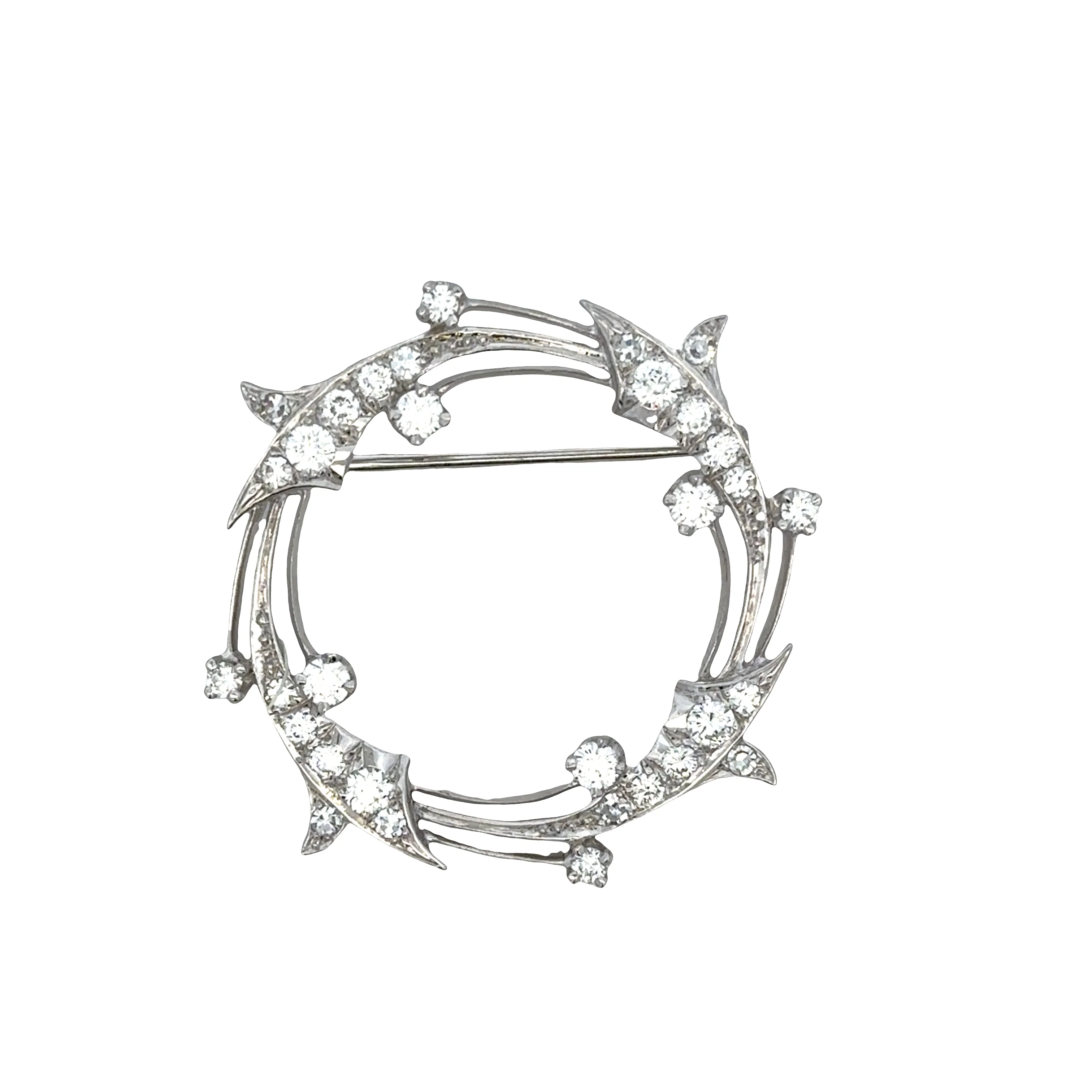 Vintage Mid-Century 14k White Gold Diamond Foliate Circle Brooch – Circa 1950s