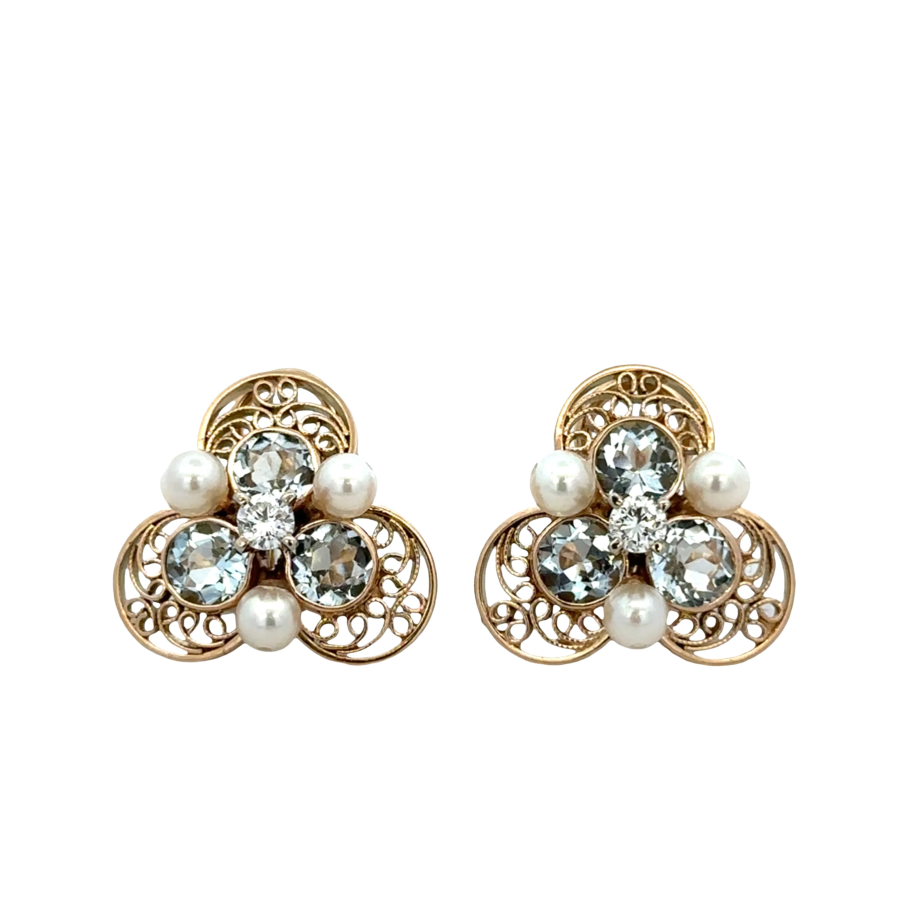Vintage Mid-Century 14k Yellow Gold Aquamarine, Pearl & Diamond Clip-On Earrings