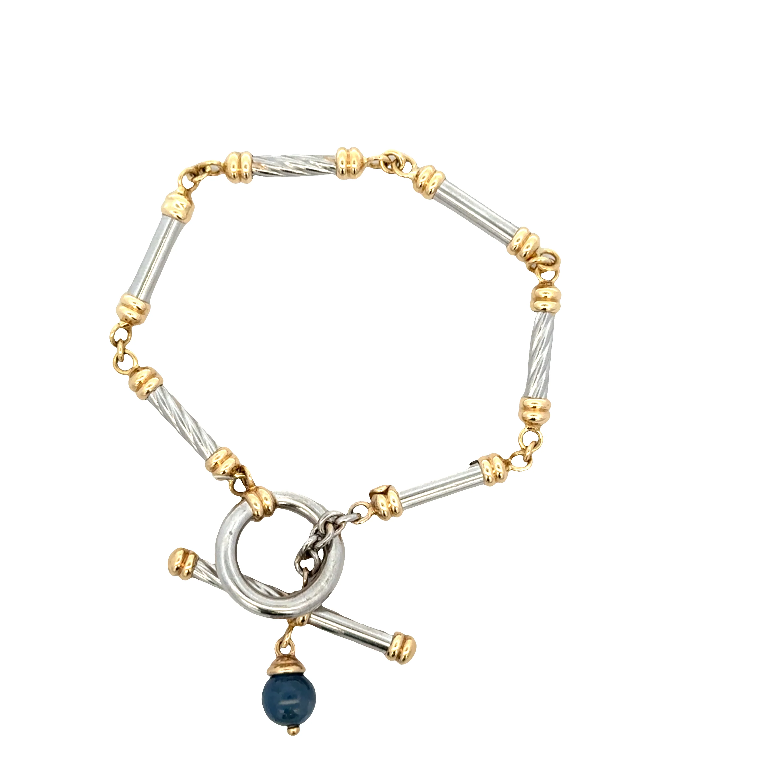Vintage Platinum & 18k Yellow Gold Bar Link Bracelet with Sapphire Accent – 7"
