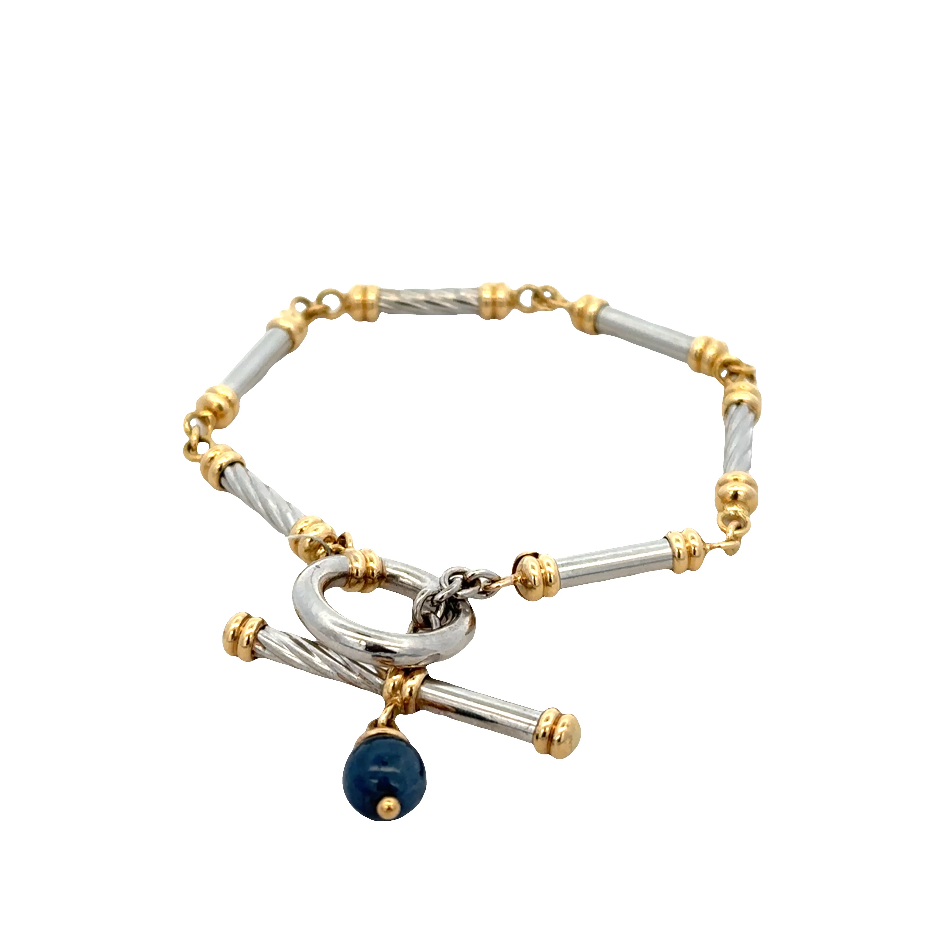 Vintage Platinum & 18k Yellow Gold Bar Link Bracelet with Sapphire Accent – 7" - Image 2