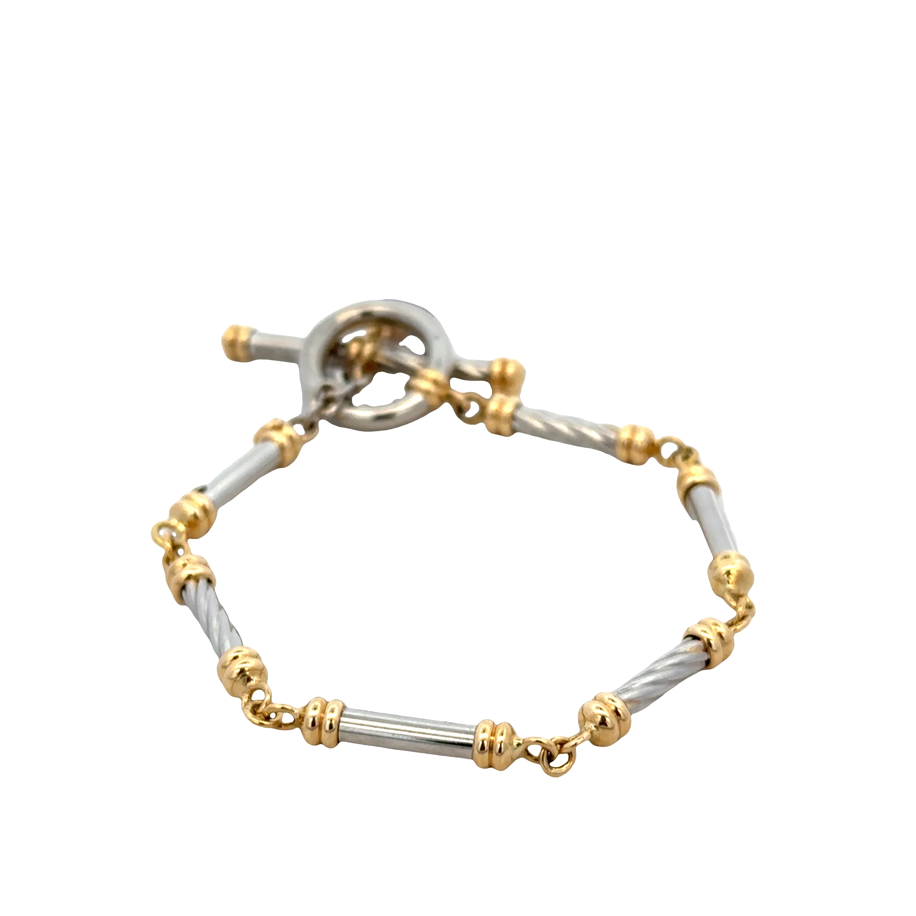 Vintage Platinum & 18k Yellow Gold Bar Link Bracelet with Sapphire Accent – 7" - Image 3