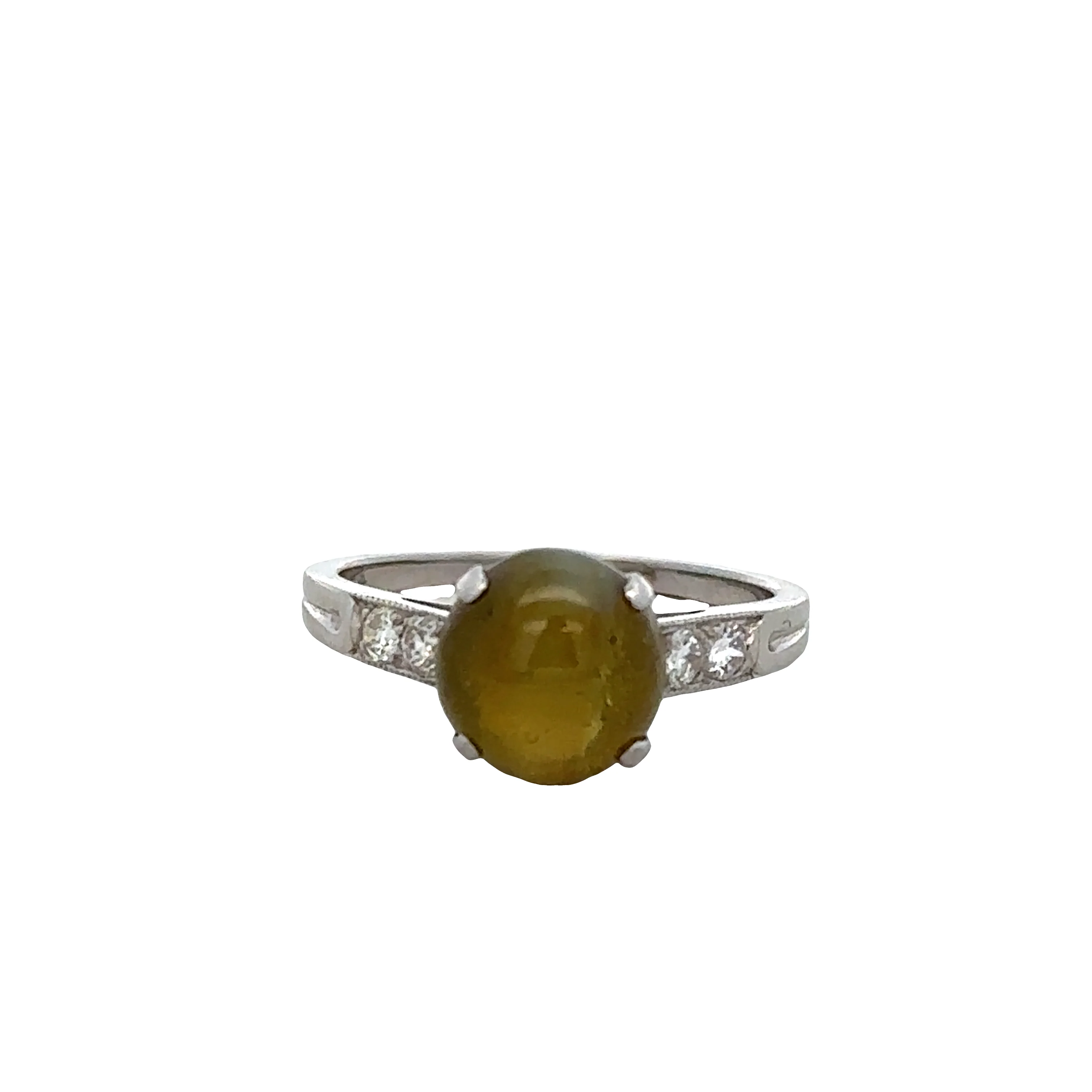 Vintage Platinum Cat’s Eye Quartz & Diamond Ring – Size 6.25