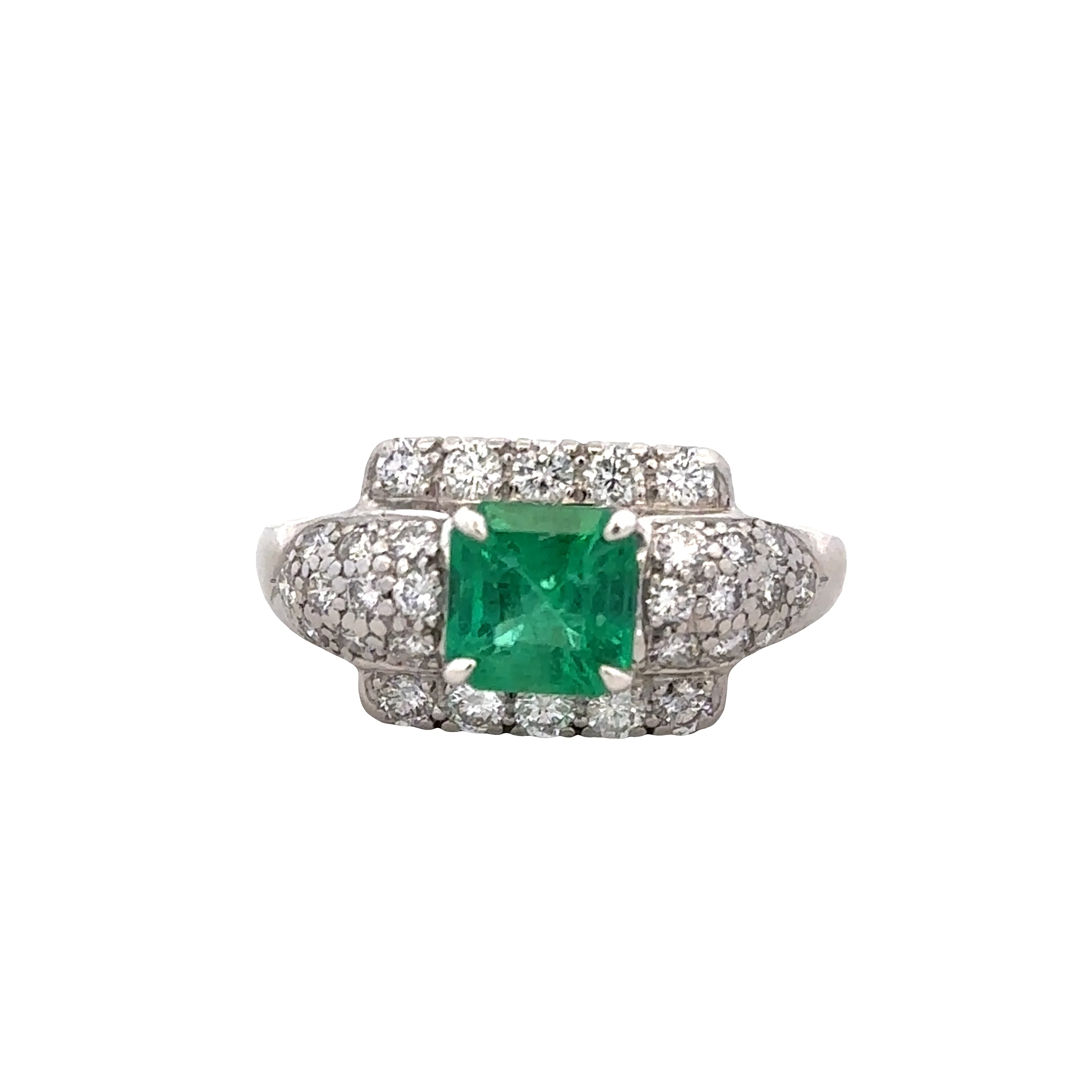 Vintage Platinum Emerald & Diamond Geometric Ring – Size 6.75, Circa 1930s–1940s