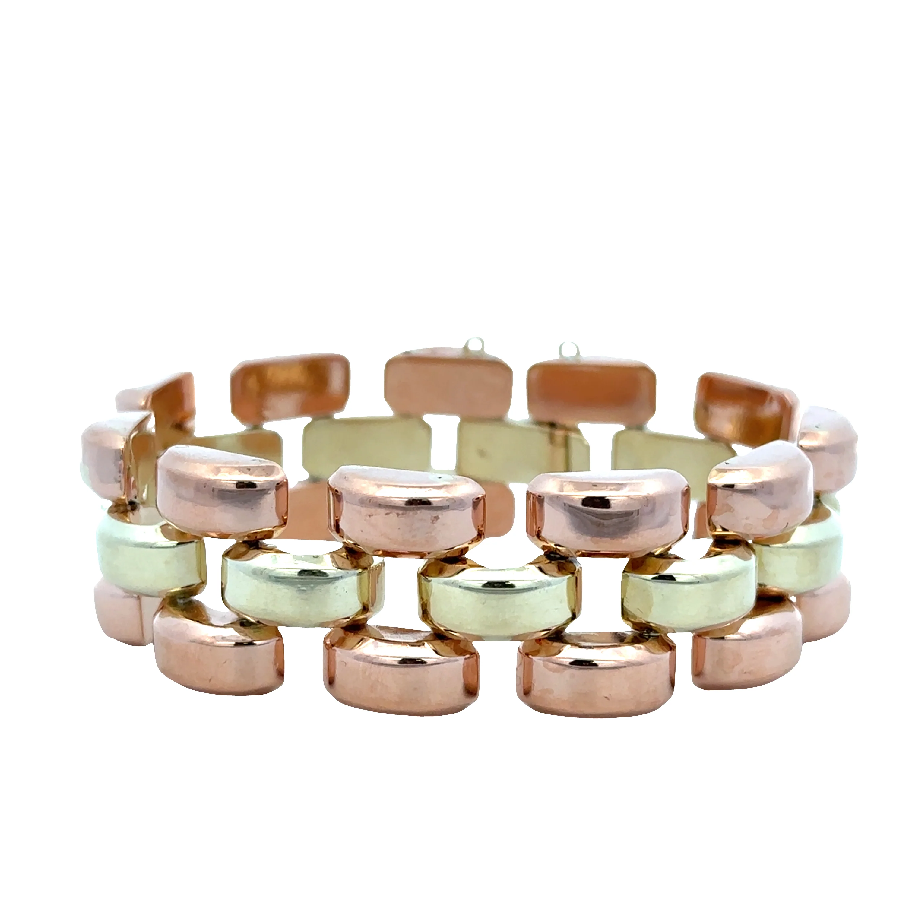 Vintage Retro 1940s 14k Yellow and Rose Gold Tank Style Bracelet with Curved Openwork Links