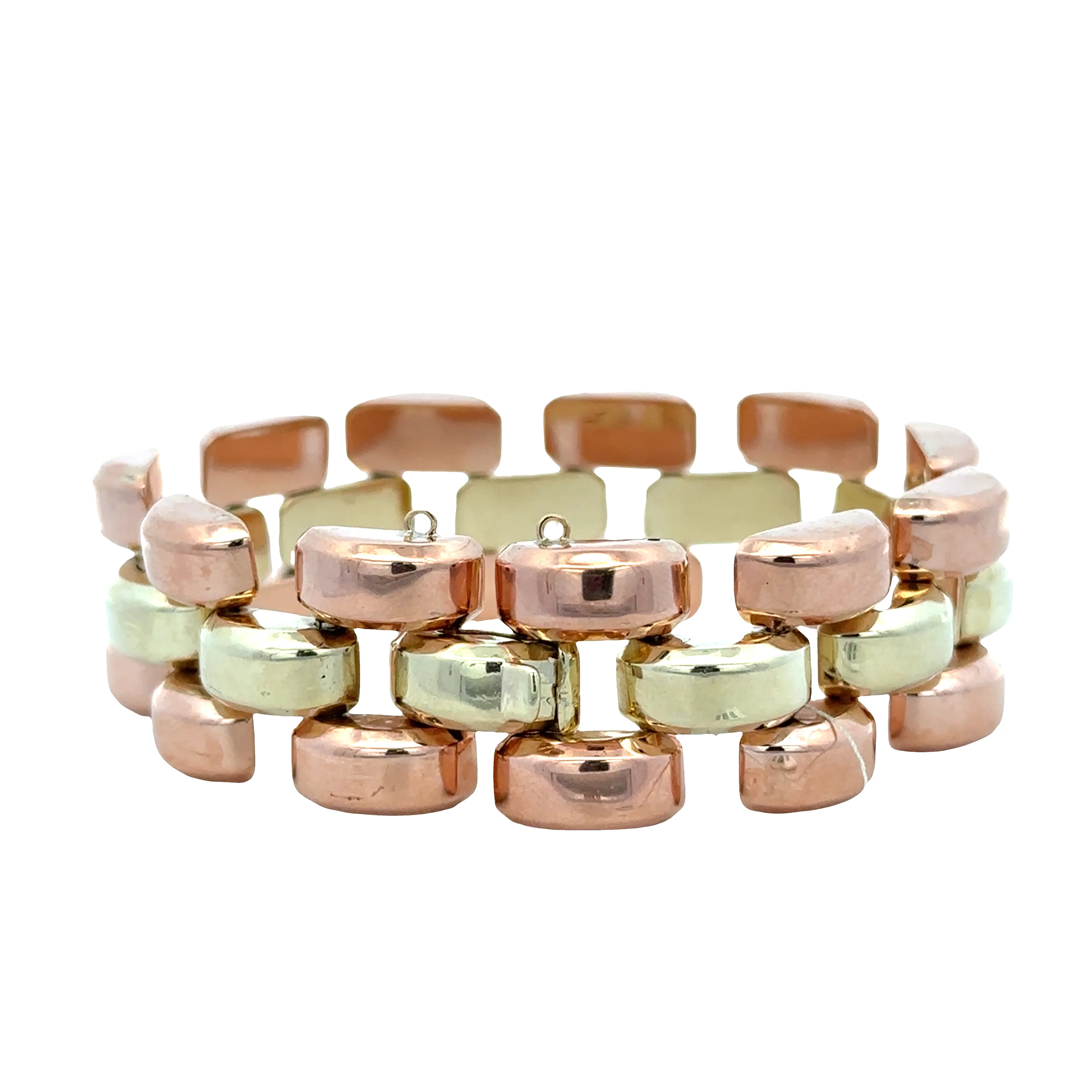 Vintage Retro 1940s 14k Yellow and Rose Gold Tank Style Bracelet with Curved Openwork Links - Image 2