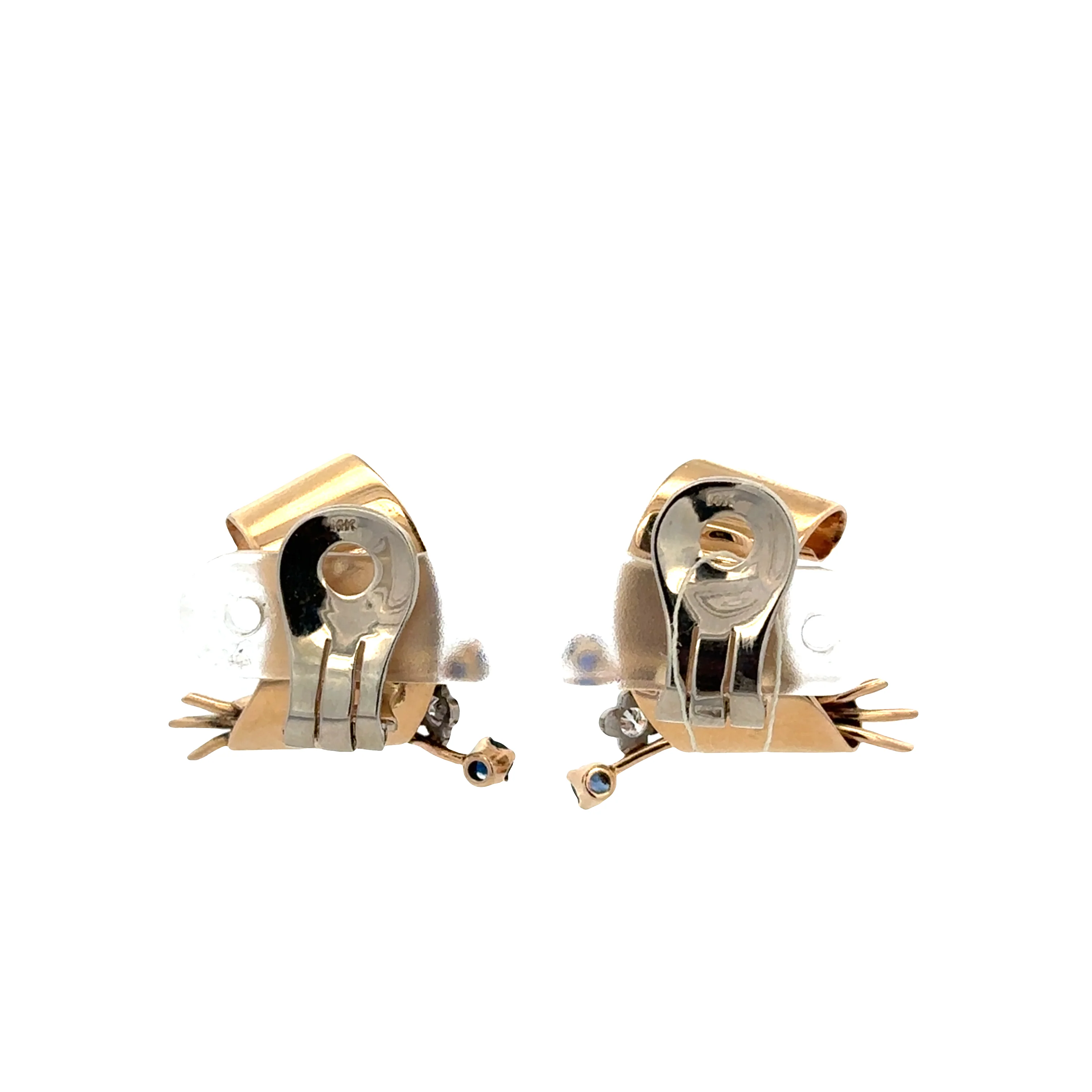 Vintage Retro Sapphire and Old European Cut Diamond Scroll Earrings  in Yellow Gold - Image 2