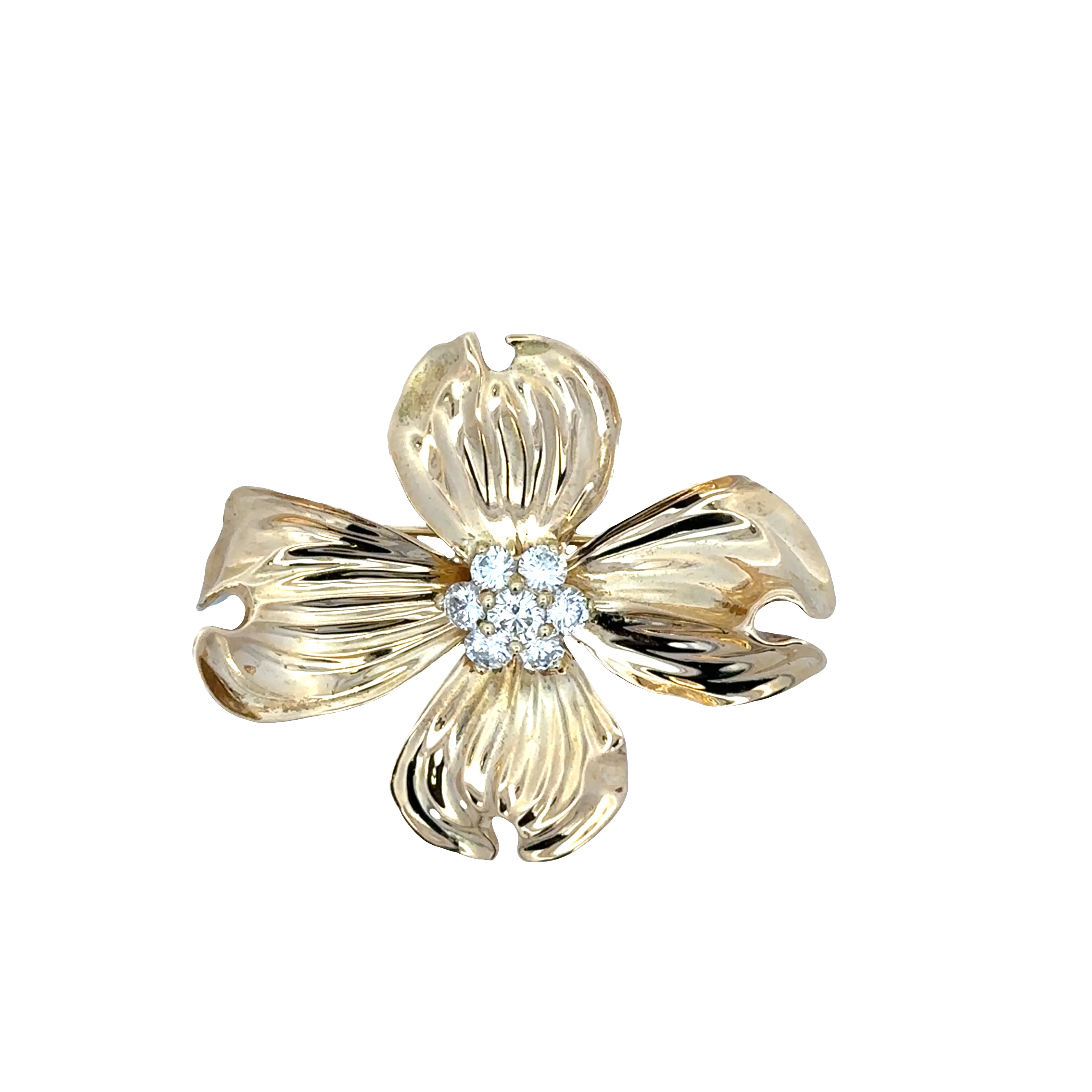 Vintage Textured Diamond Dogwood Brooch in 18k Yellow Gold