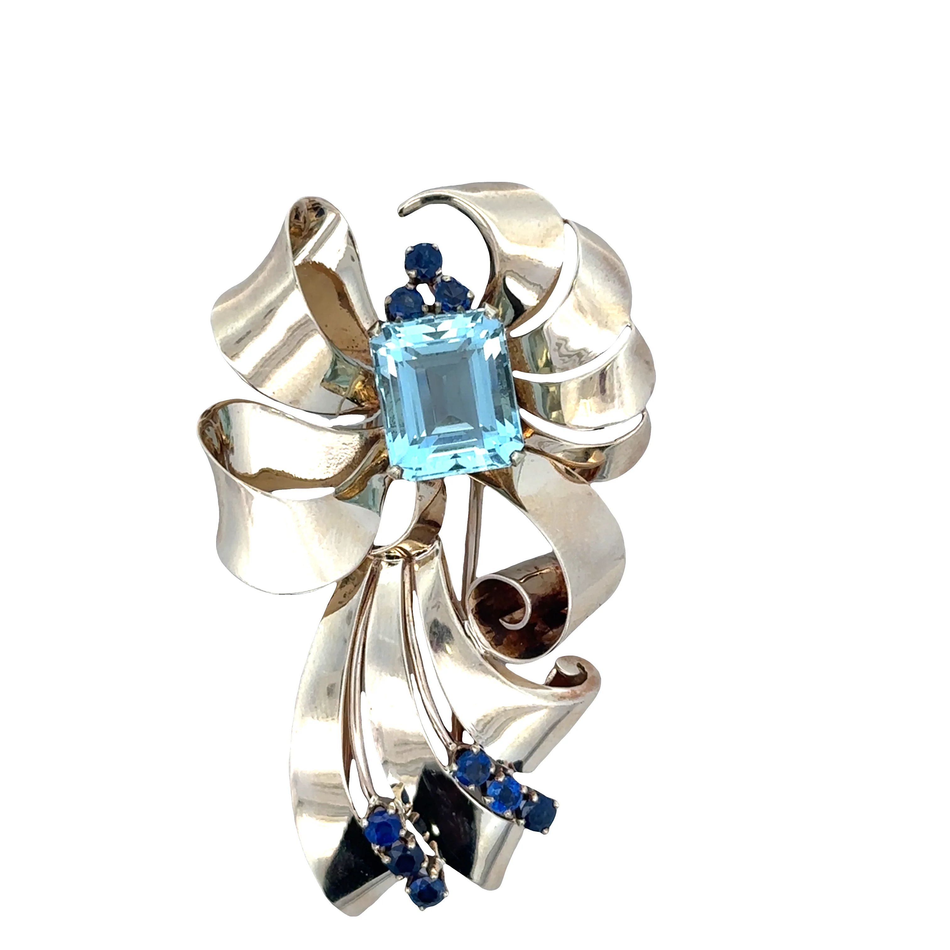 Vintage Tiffany & Co. Retro 14k Yellow Gold Aquamarine & Sapphire Brooch