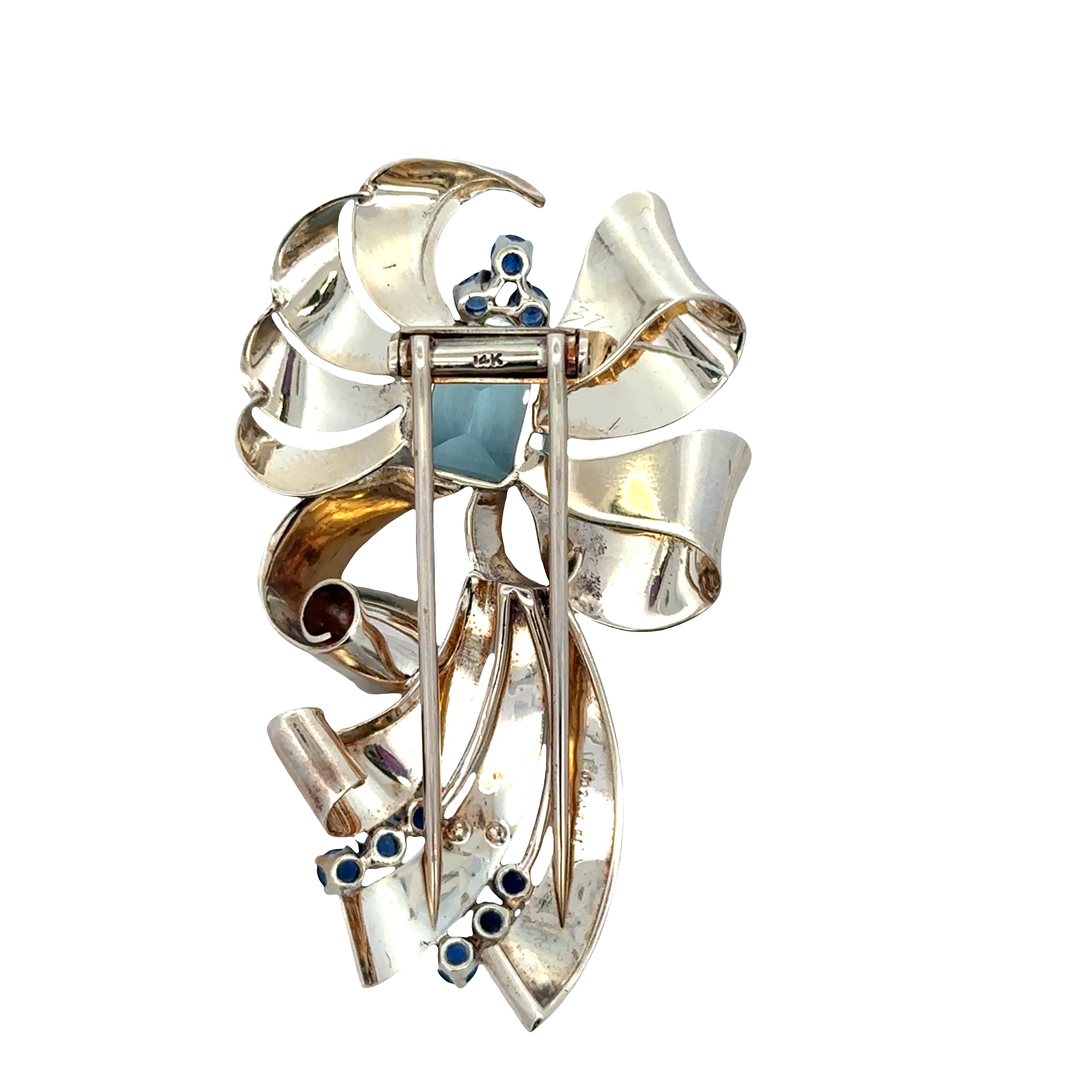 Vintage Tiffany & Co. Retro 14k Yellow Gold Aquamarine & Sapphire Brooch - Image 2