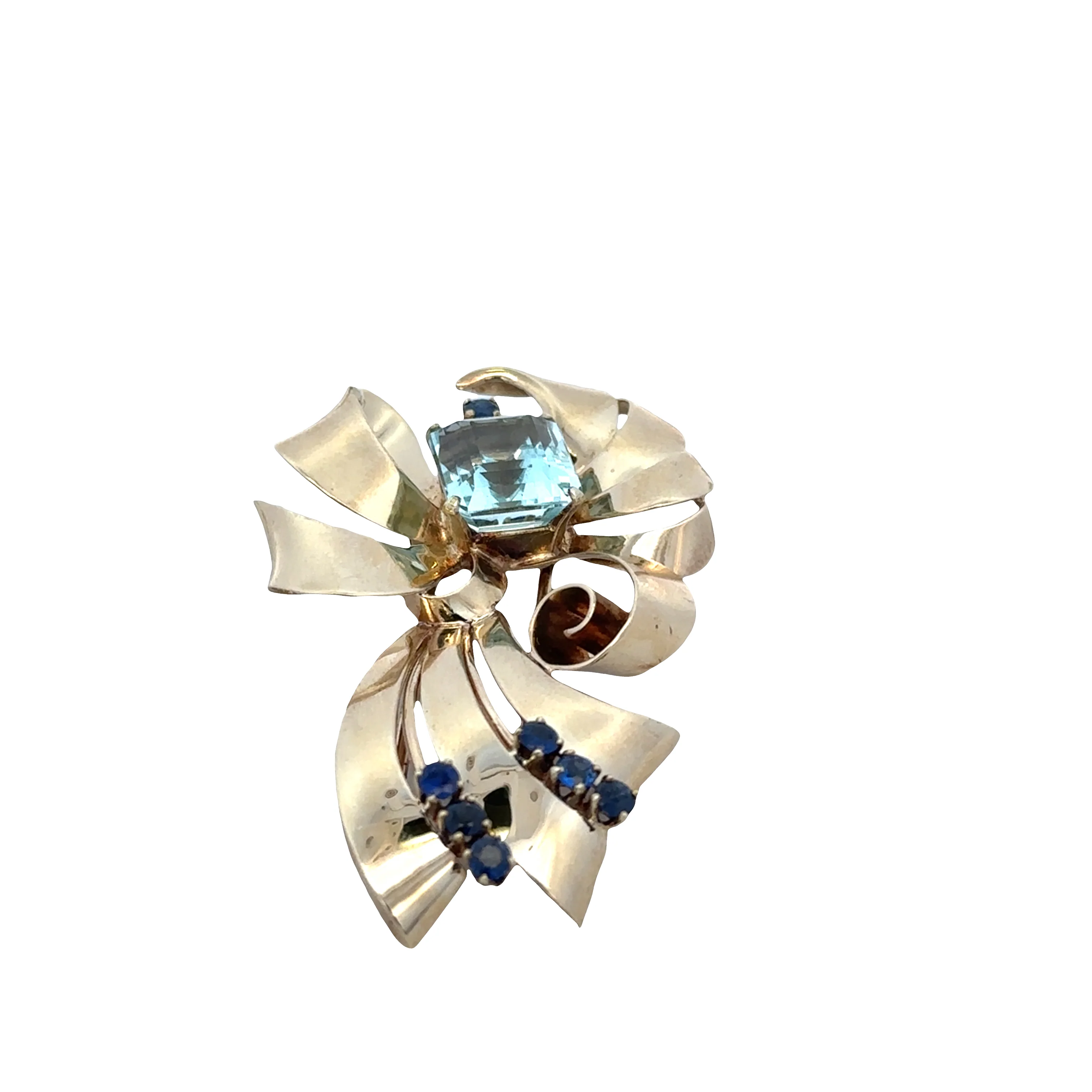 Vintage Tiffany & Co. Retro 14k Yellow Gold Aquamarine & Sapphire Brooch - Image 3