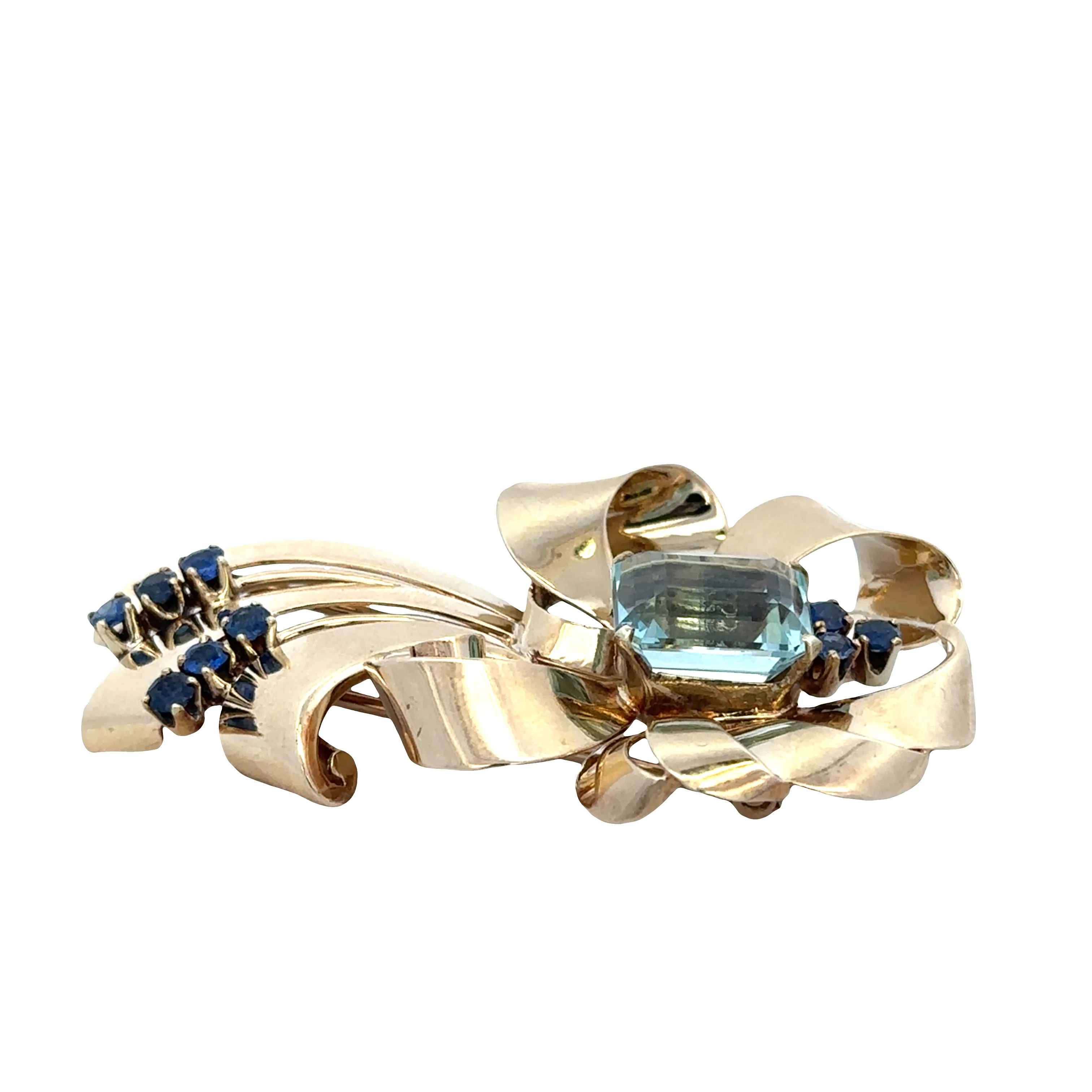 Vintage Tiffany & Co. Retro 14k Yellow Gold Aquamarine & Sapphire Brooch - Image 4