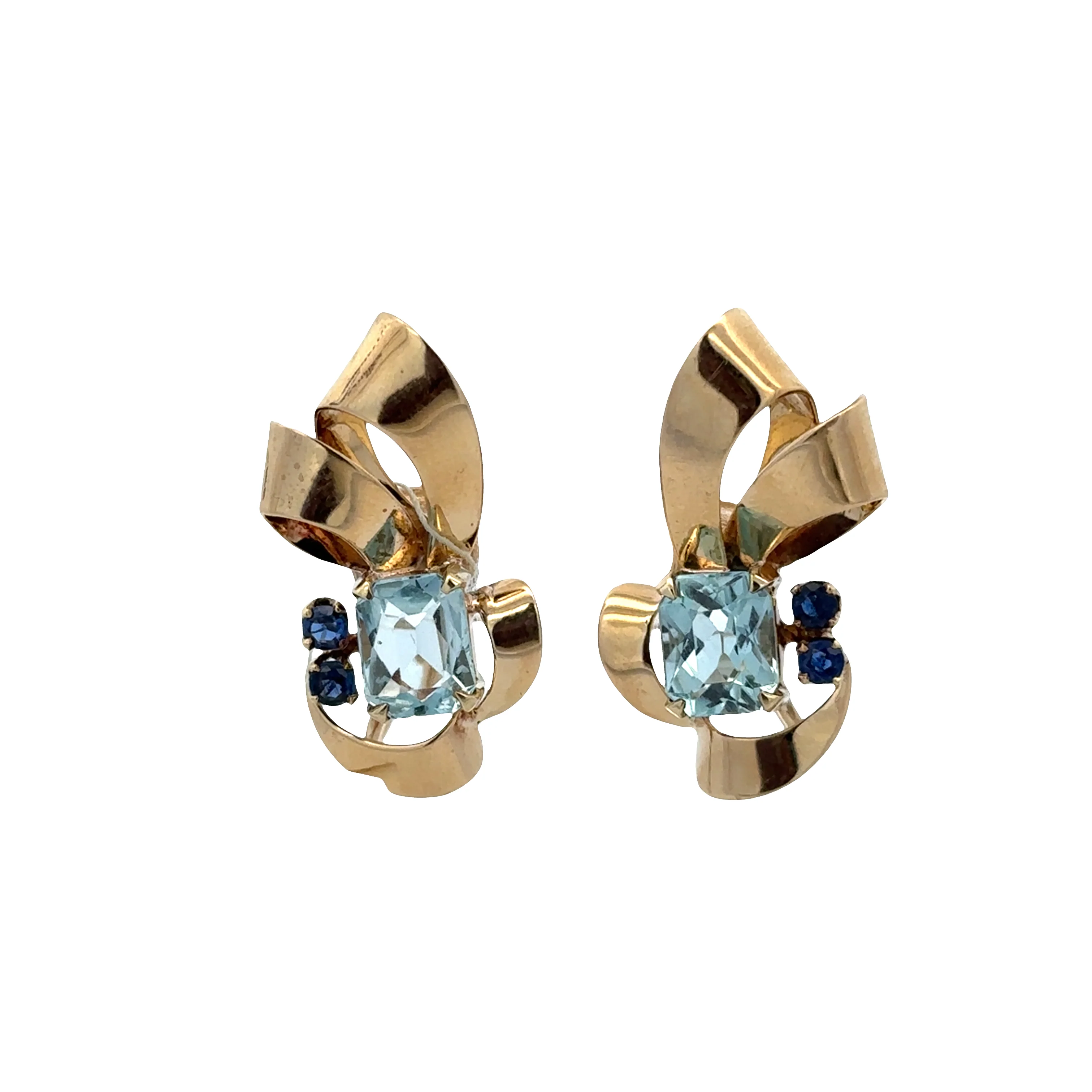 Vintage Tiffany & Co. Retro 14k Yellow Gold Aquamarine & Sapphire Ribbon Screwback Earrings
