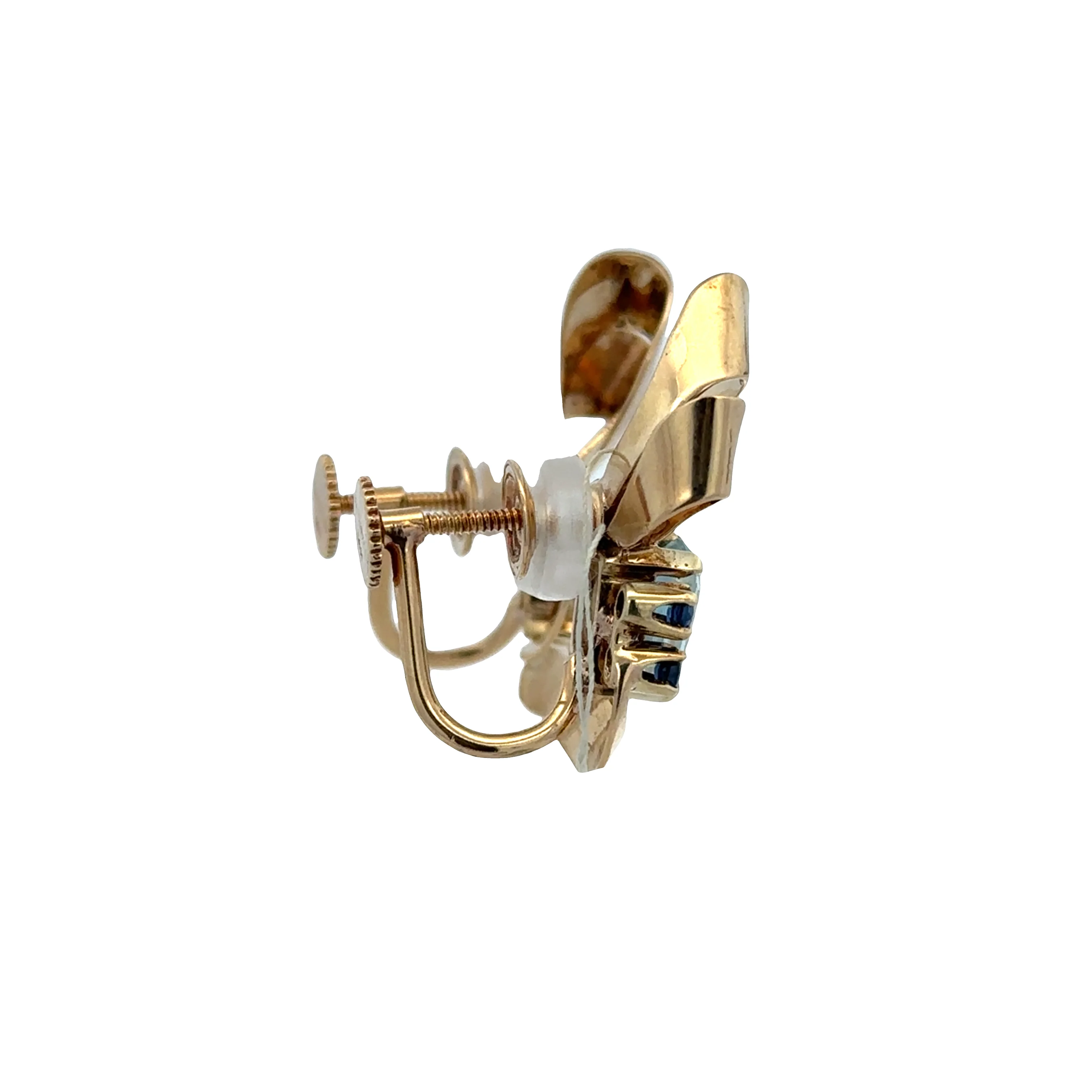 Vintage Tiffany & Co. Retro 14k Yellow Gold Aquamarine & Sapphire Ribbon Screwback Earrings - Image 2