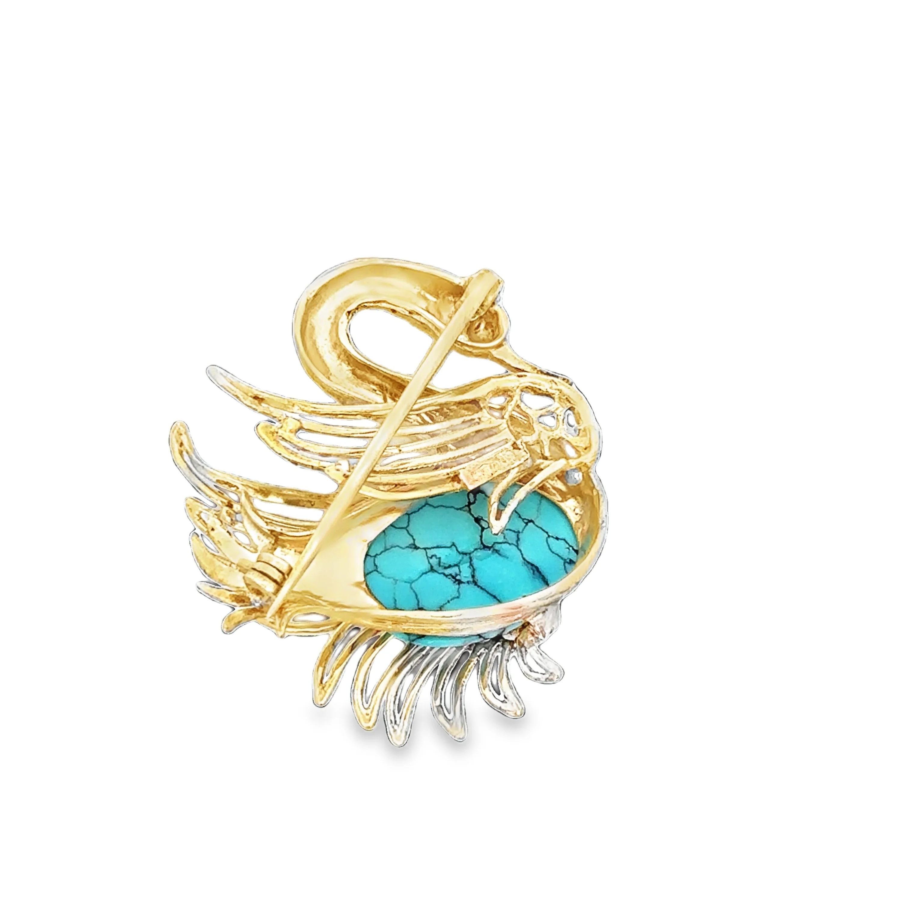 Vintage Turquoise Swan Brooch in 18k Yellow Gold - Image 3