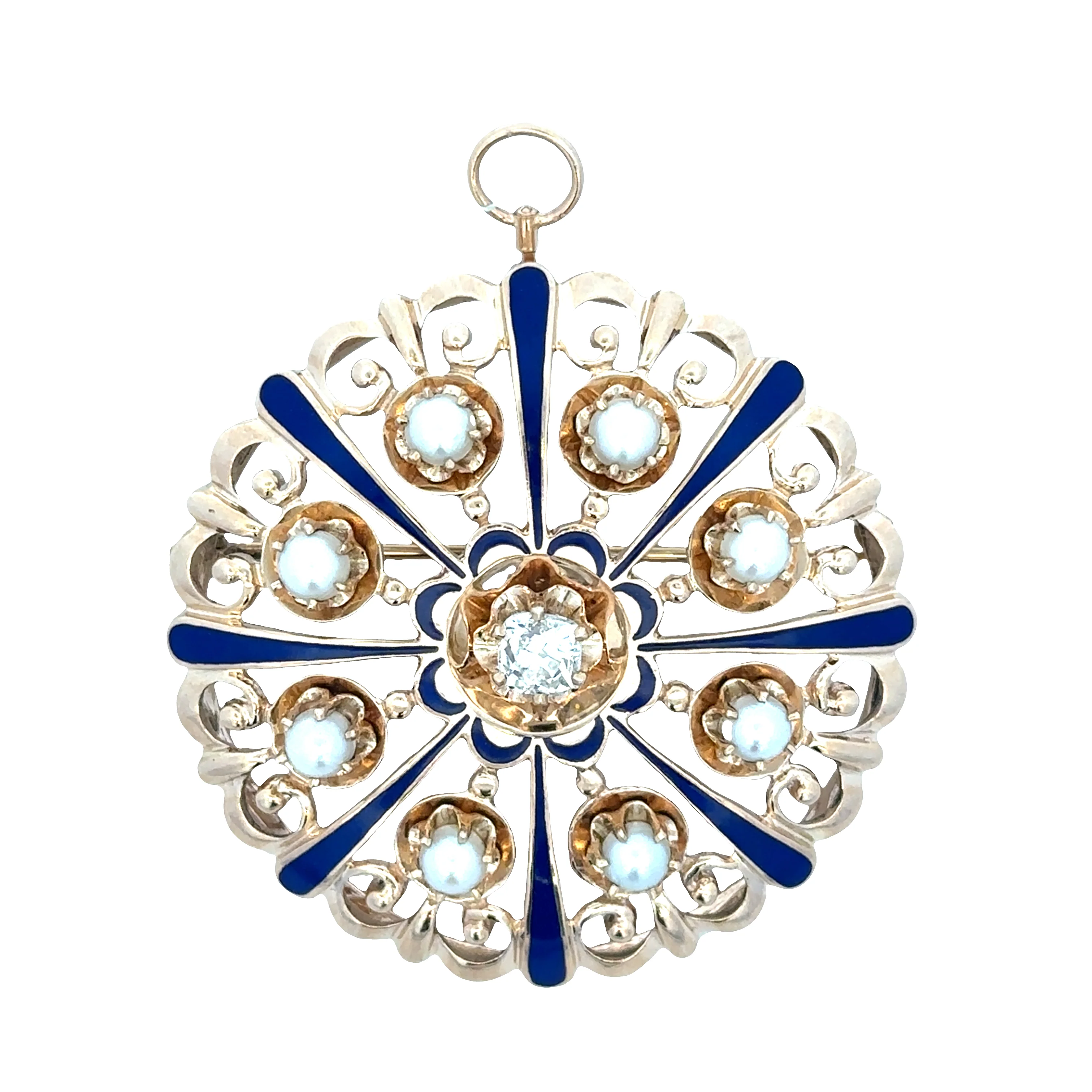 Vintage Victorian Revival 14k Yellow Gold Diamond, Enamel & Pearl Brooch/Pendant
