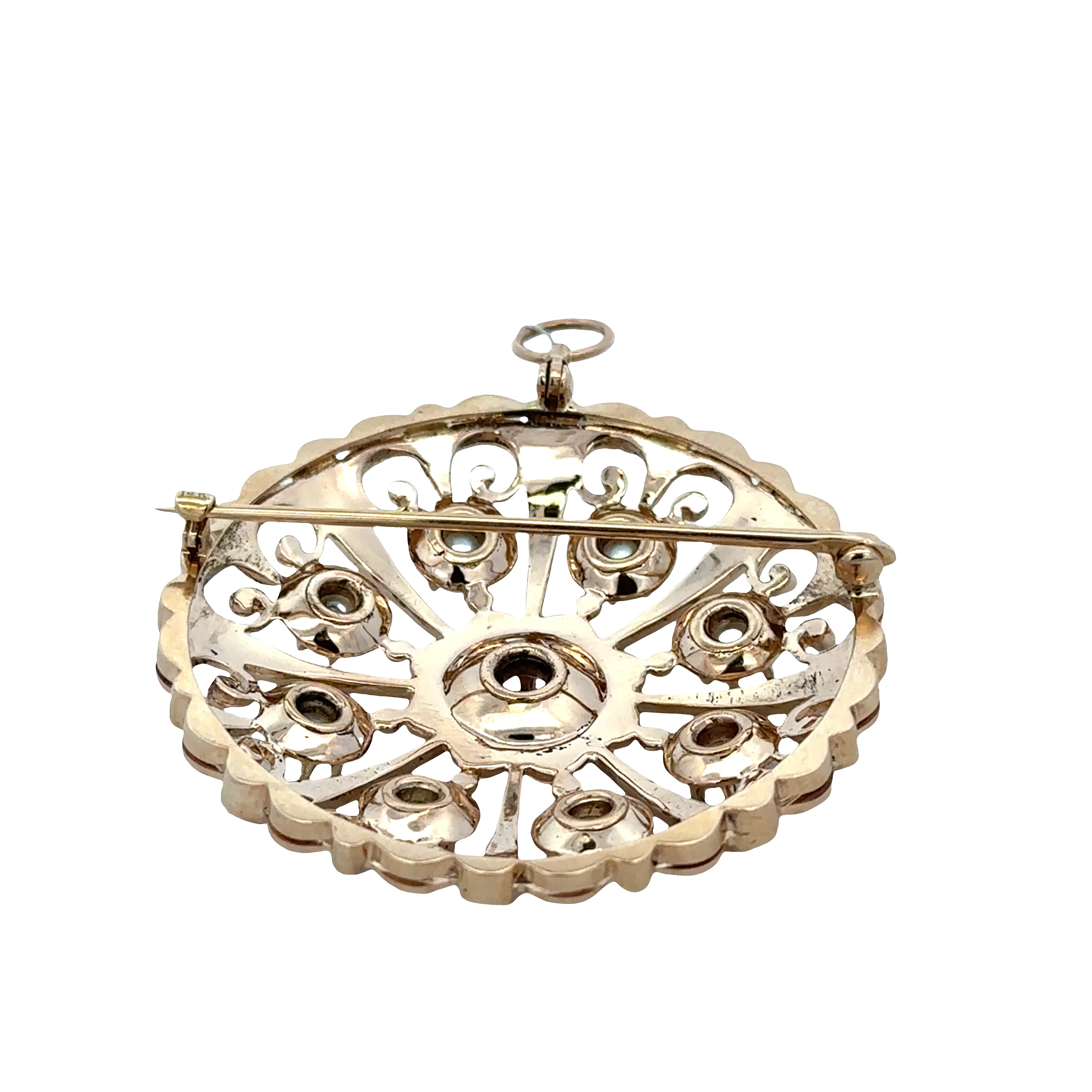 Vintage Victorian Revival 14k Yellow Gold Diamond, Enamel & Pearl Brooch/Pendant - Image 2