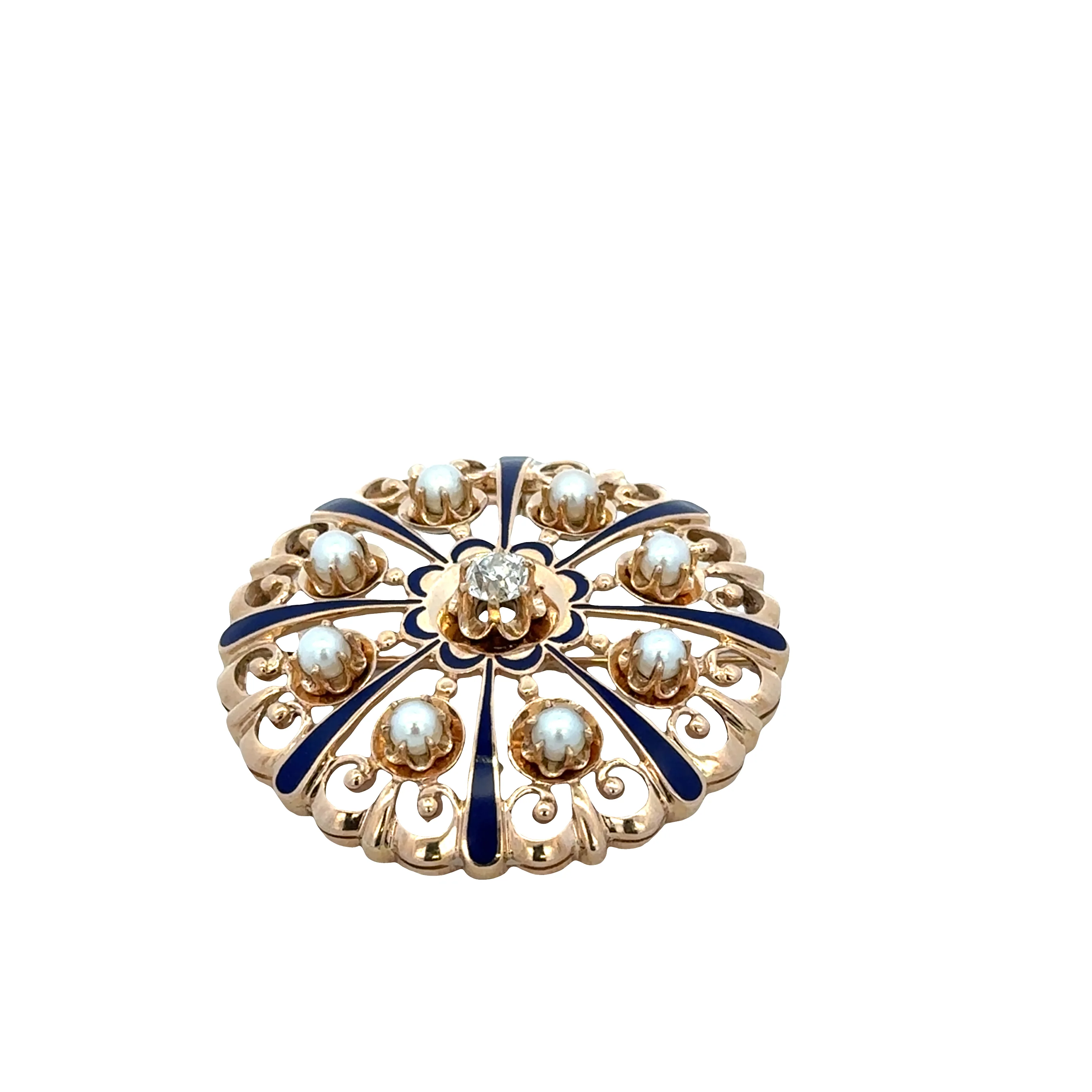 Vintage Victorian Revival 14k Yellow Gold Diamond, Enamel & Pearl Brooch/Pendant - Image 3