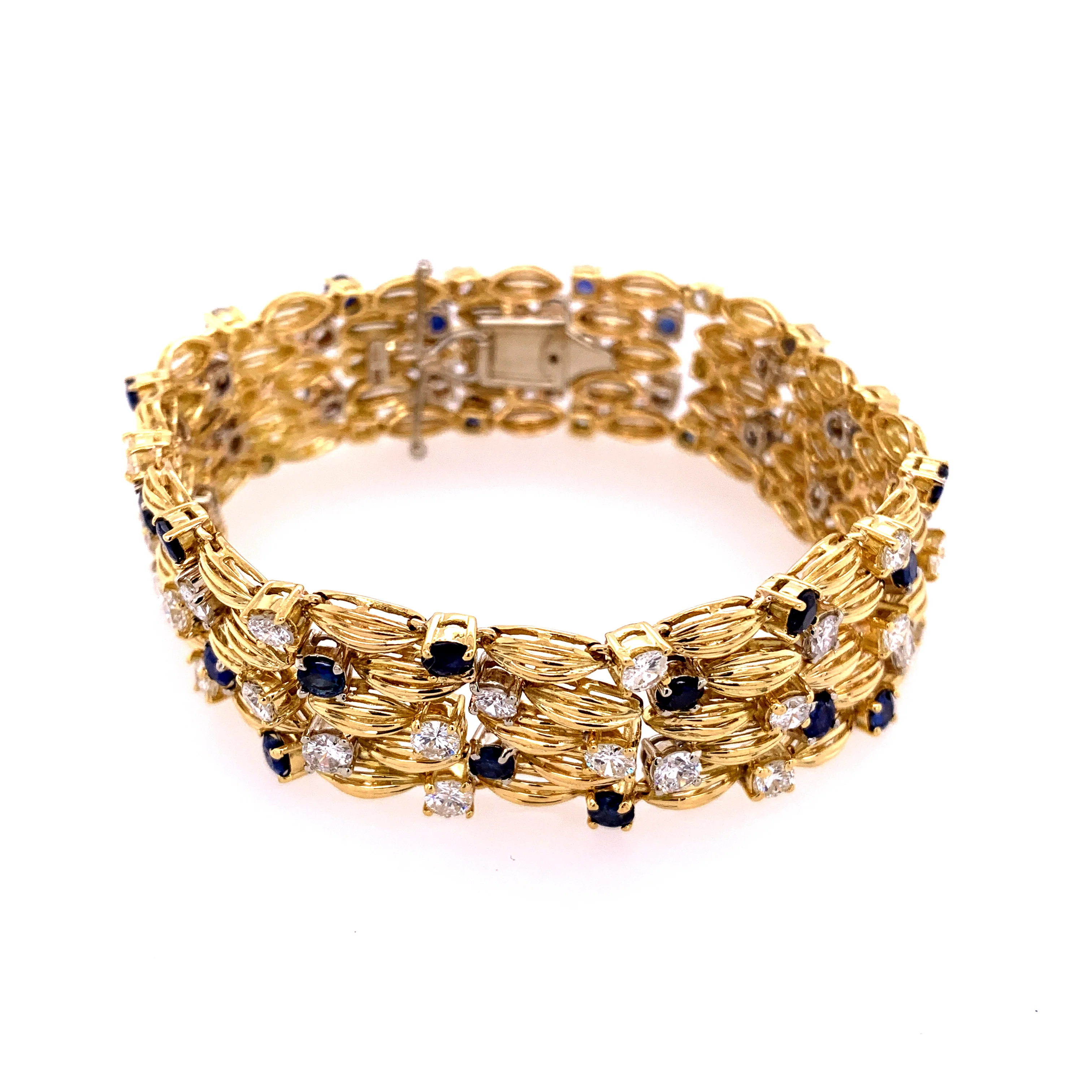 Wide Sapphire and Diamond Bracelet in Yellow Gold