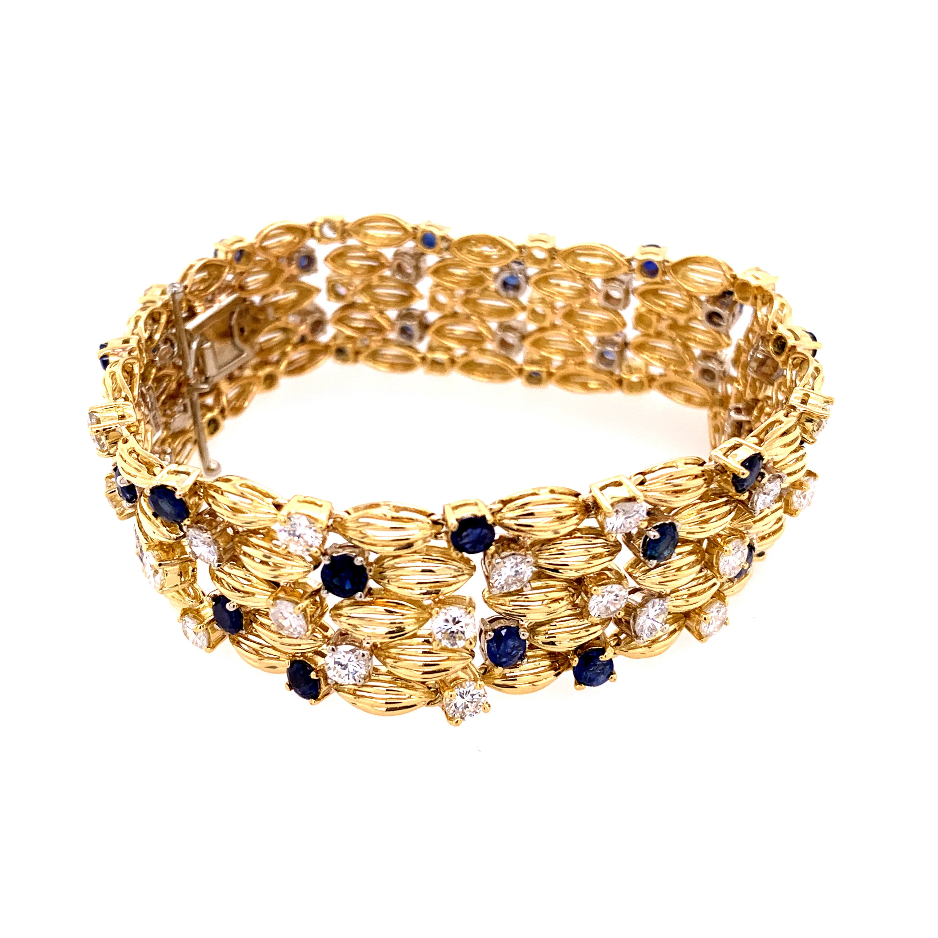 Wide Sapphire and Diamond Bracelet in Yellow Gold - Image 2
